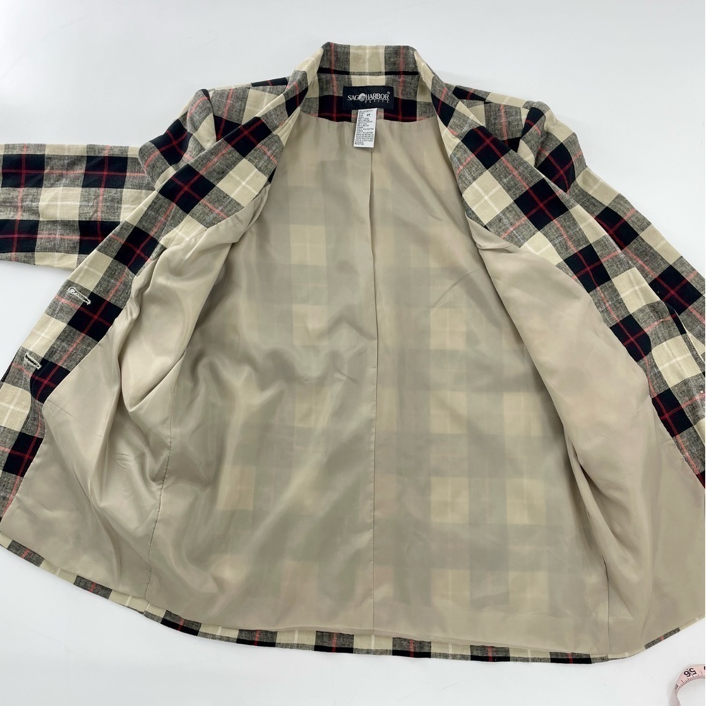 SAG HARBOR plaid‎ vintage Linen Neutral Check Plaid Retro Long Line Blazer 6P - Picture 8 of 11